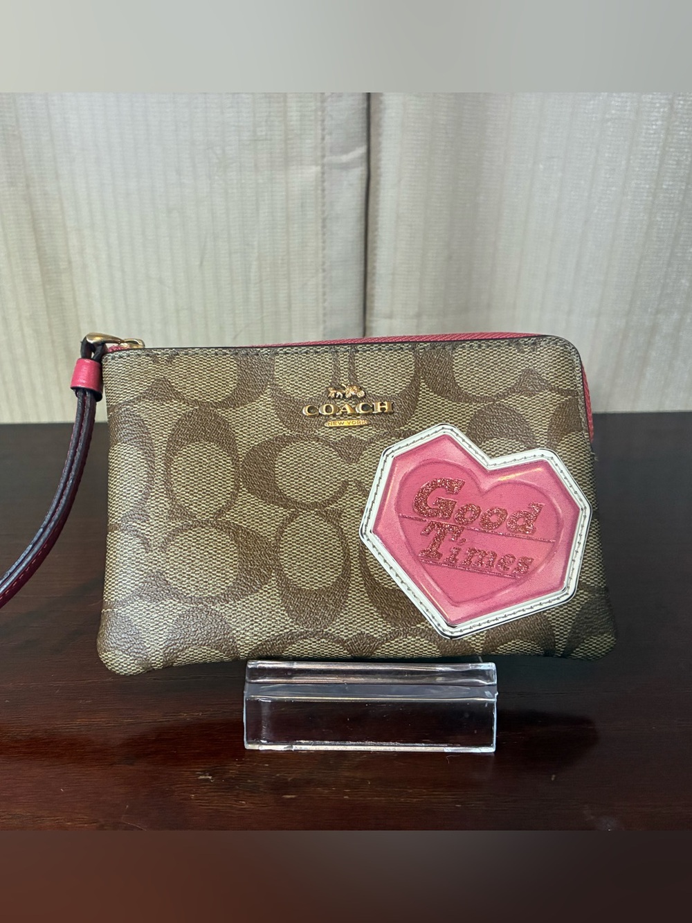 Coach Brown Signature Canvas Wristlet with Pink Heart Patch